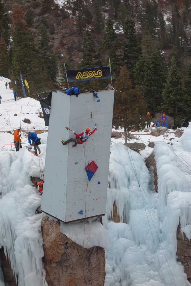  Nathan Kutcher on his way to victory at the 2018 Ouray Ice Fest. 