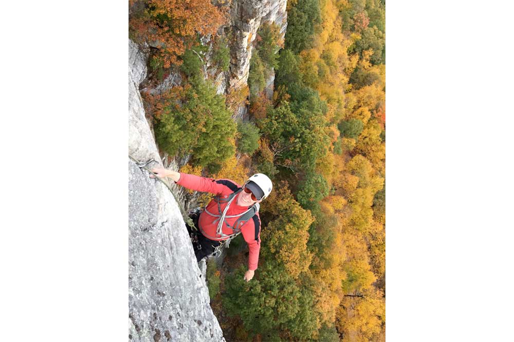 Kit Moore at the age of 75 climbing in the Gunks.