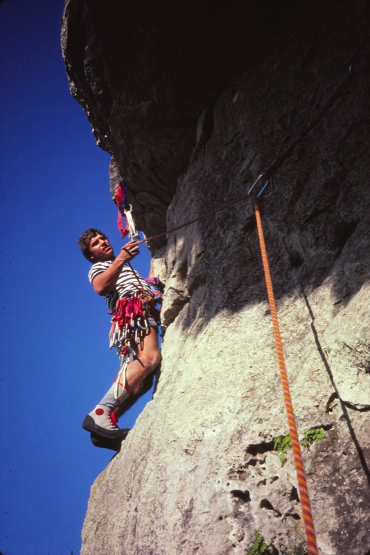 Steve De Maio rocking slightly more understated socks while new routing at Mt. Nemo in 1985. This route was never finished.