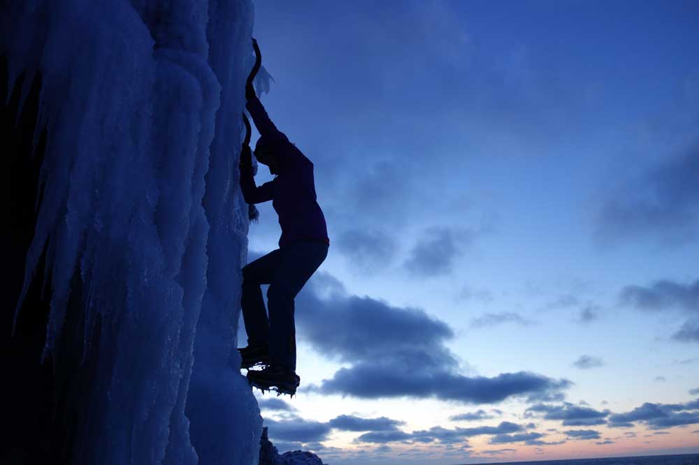 Rebecca Lewis Ice Climbing in the Bay of Fundy.